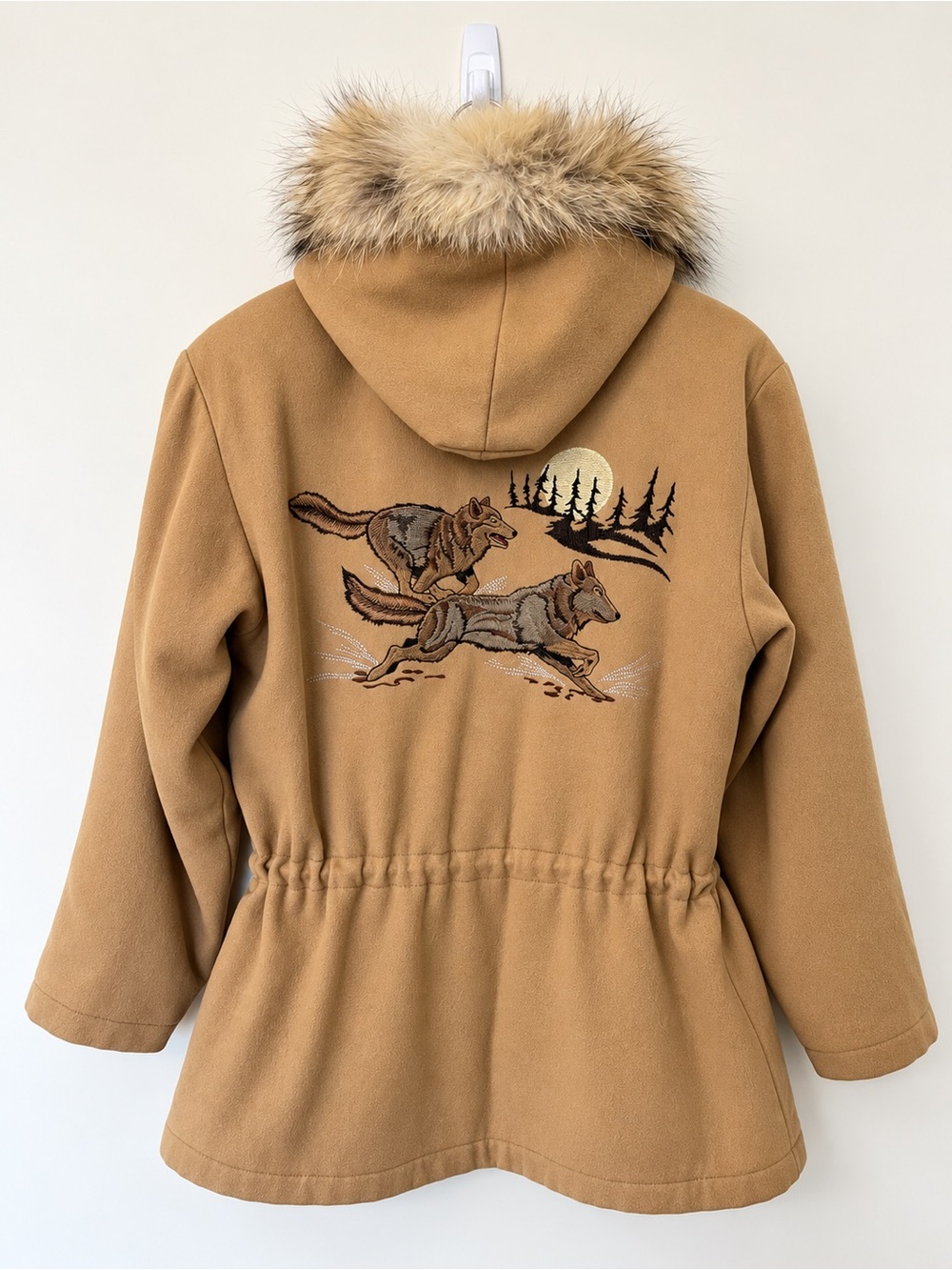 Vintage Northern Sun Wool Parka Genuine Fur Hood Wolf Embroidered S